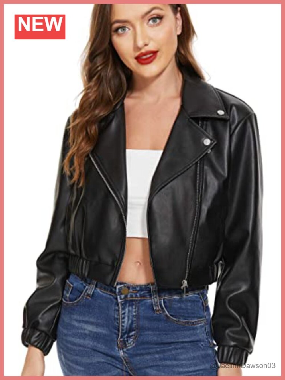 Faux Leather Moto Jacket Cropped Zip Utility Pockets Long Sleeve